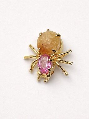Gold Tone Spider Brooch Pink Rhinestone Cabochon Body Figural Pin Cute
